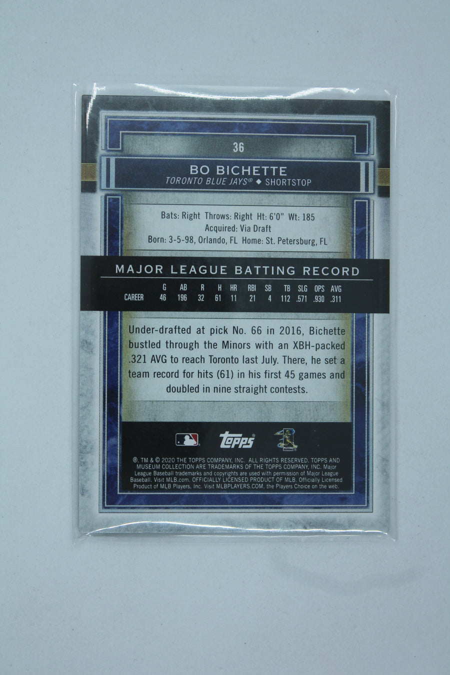 Bo Bichette 2020 Topps Museum Collection Rookie Card