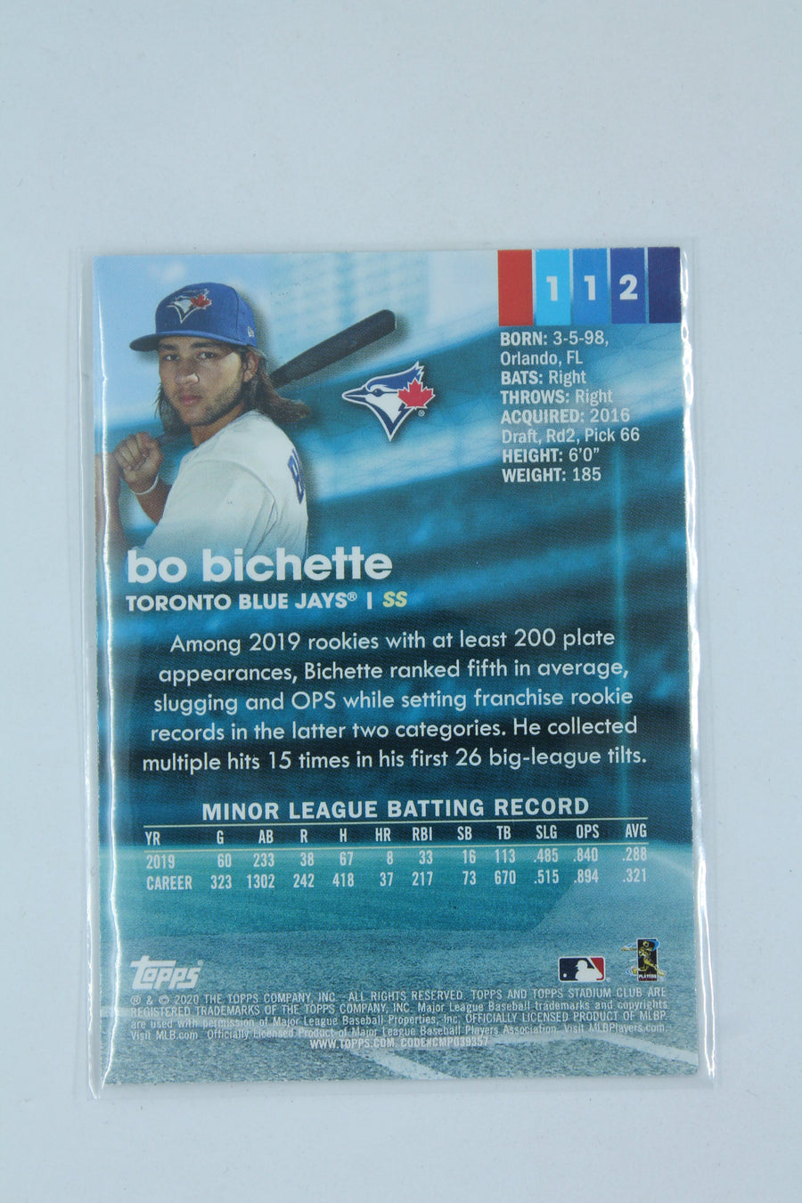 Bo Bichette 2020 Topps Stadium Club Rookie Card