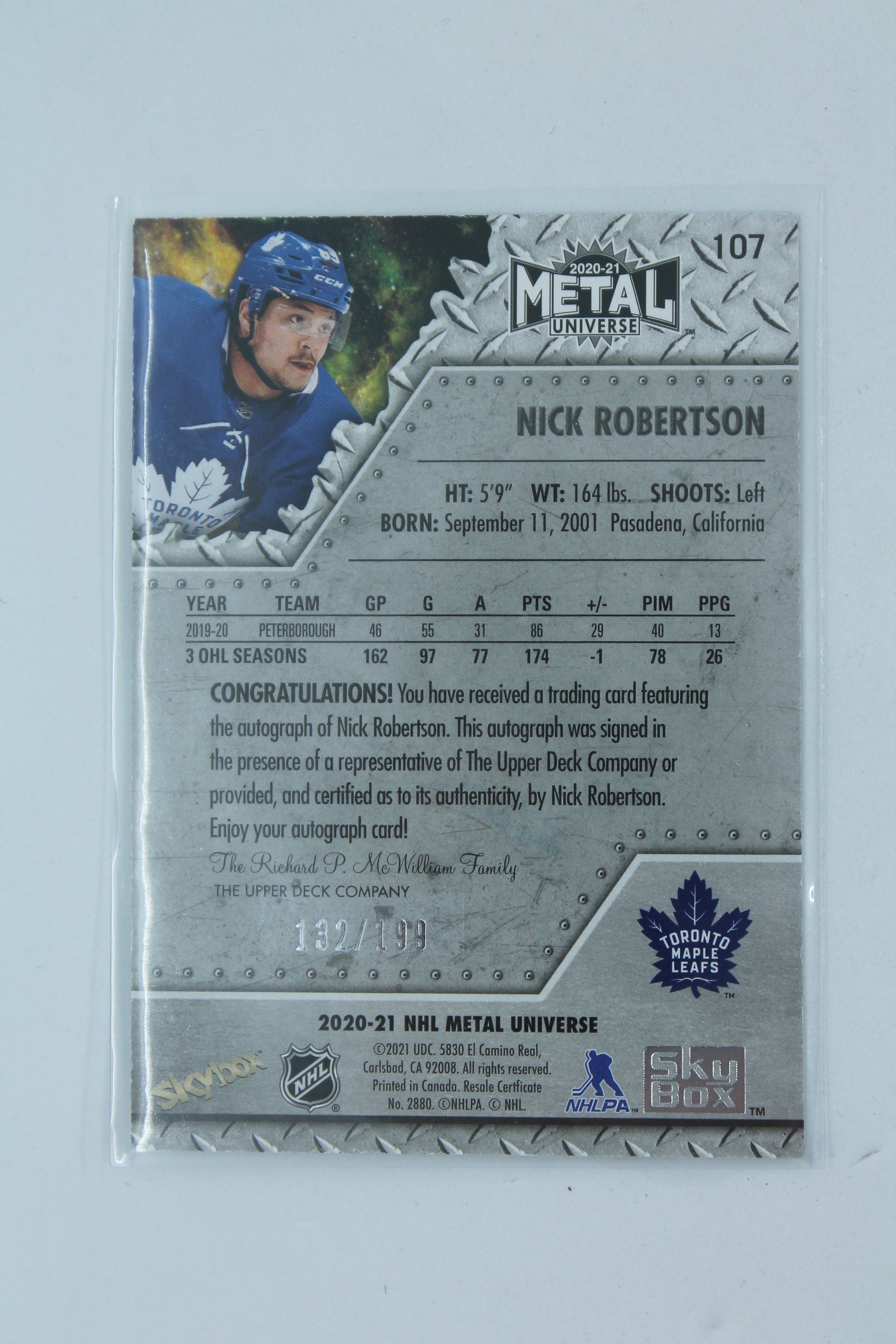 Nick Robertson 2020-21 Skybox Metal Universe Silver Autographs Rookie Card #132/199