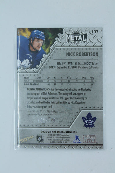 Nick Robertson 2020-21 Skybox Metal Universe Silver Autographs Rookie Card #132/199