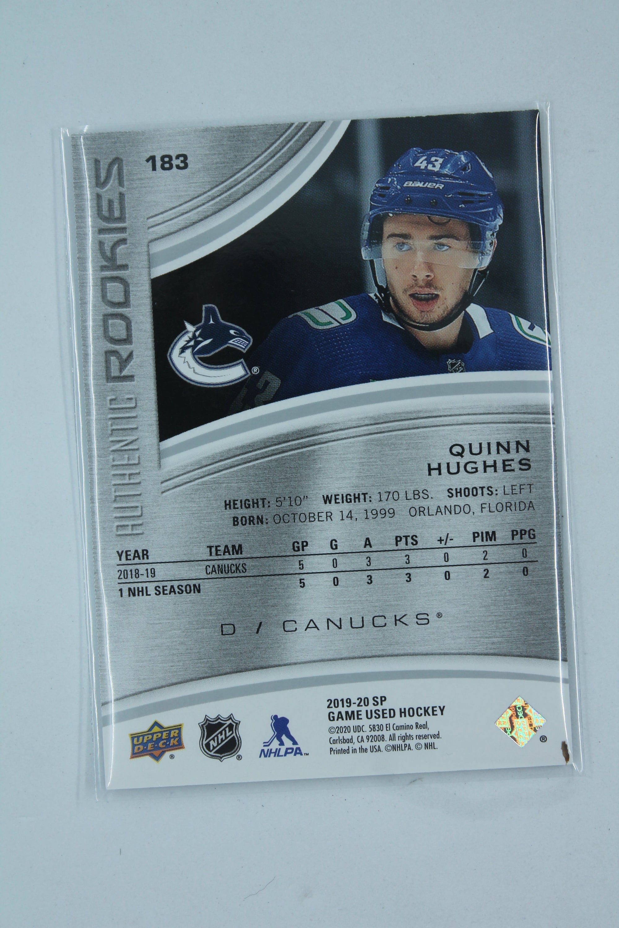 Quinn Hughes 2019-20 Upper Deck SP Game Used Rainbow Rookies Rookie Card #225/299