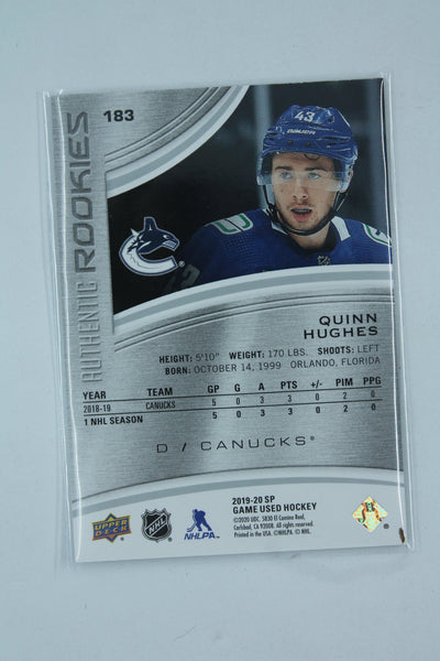 Quinn Hughes 2019-20 Upper Deck SP Game Used Rainbow Rookies Rookie Card #225/299