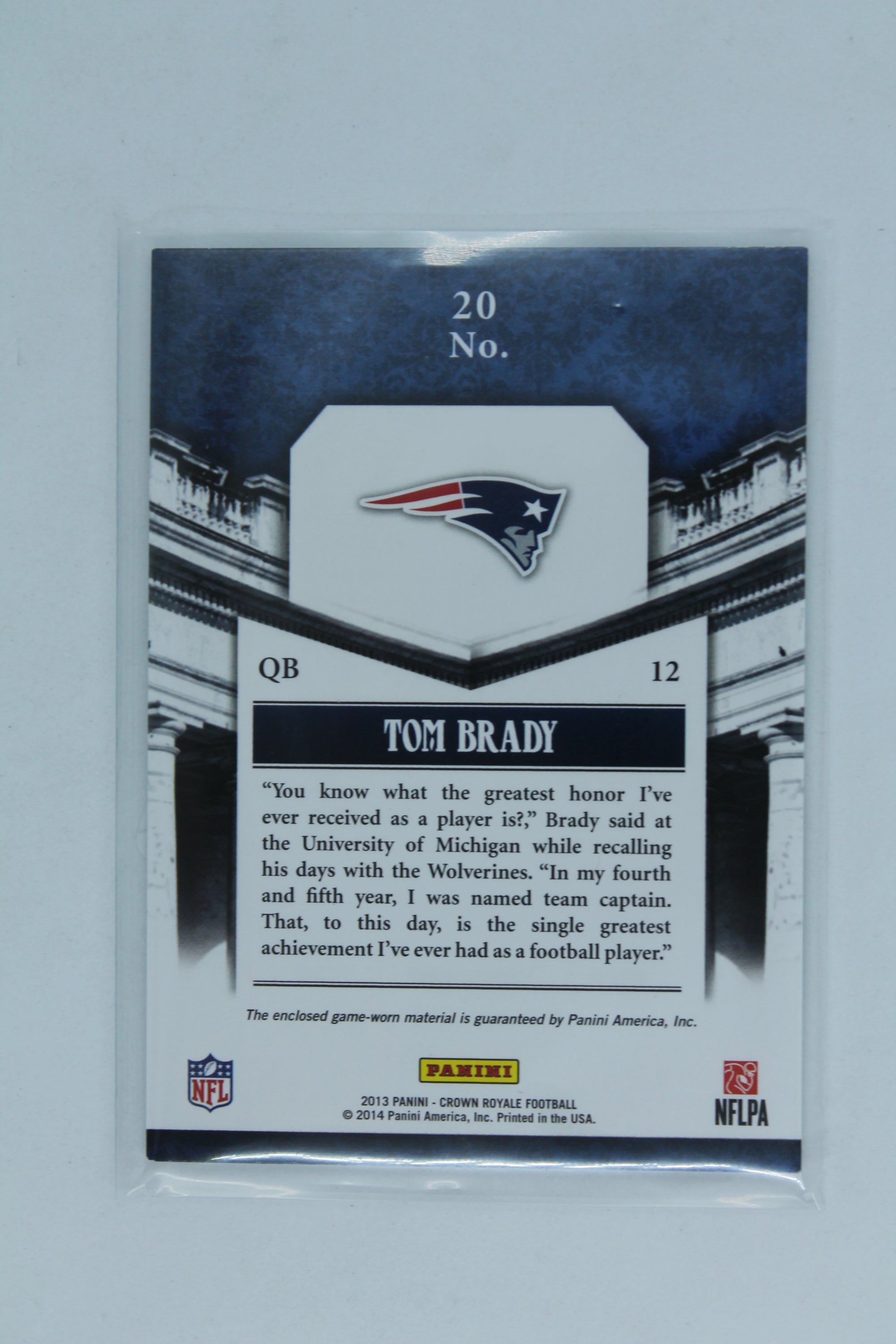 Tom Brady 2013 Panini Crown Royale - Pillars of the Game Jersey Patch SP #055/299