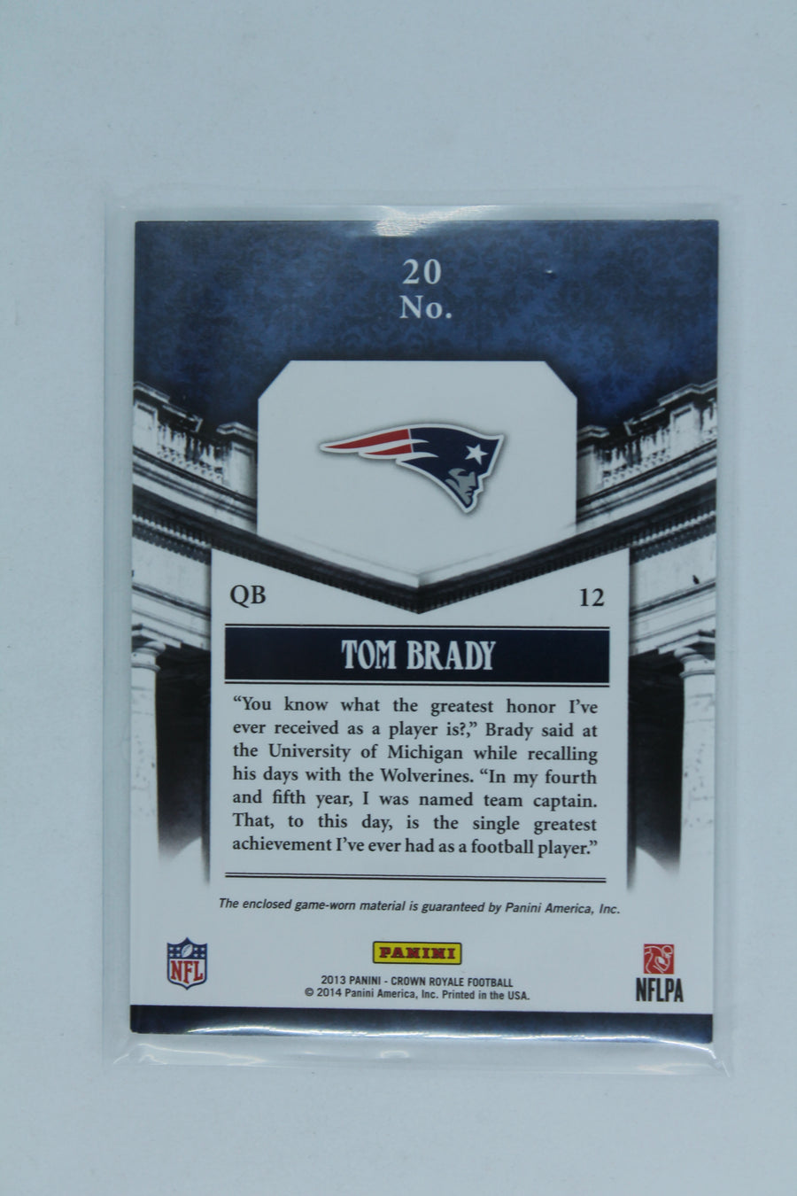 Tom Brady 2013 Panini Crown Royale - Pillars of the Game Jersey Patch SP #055/299
