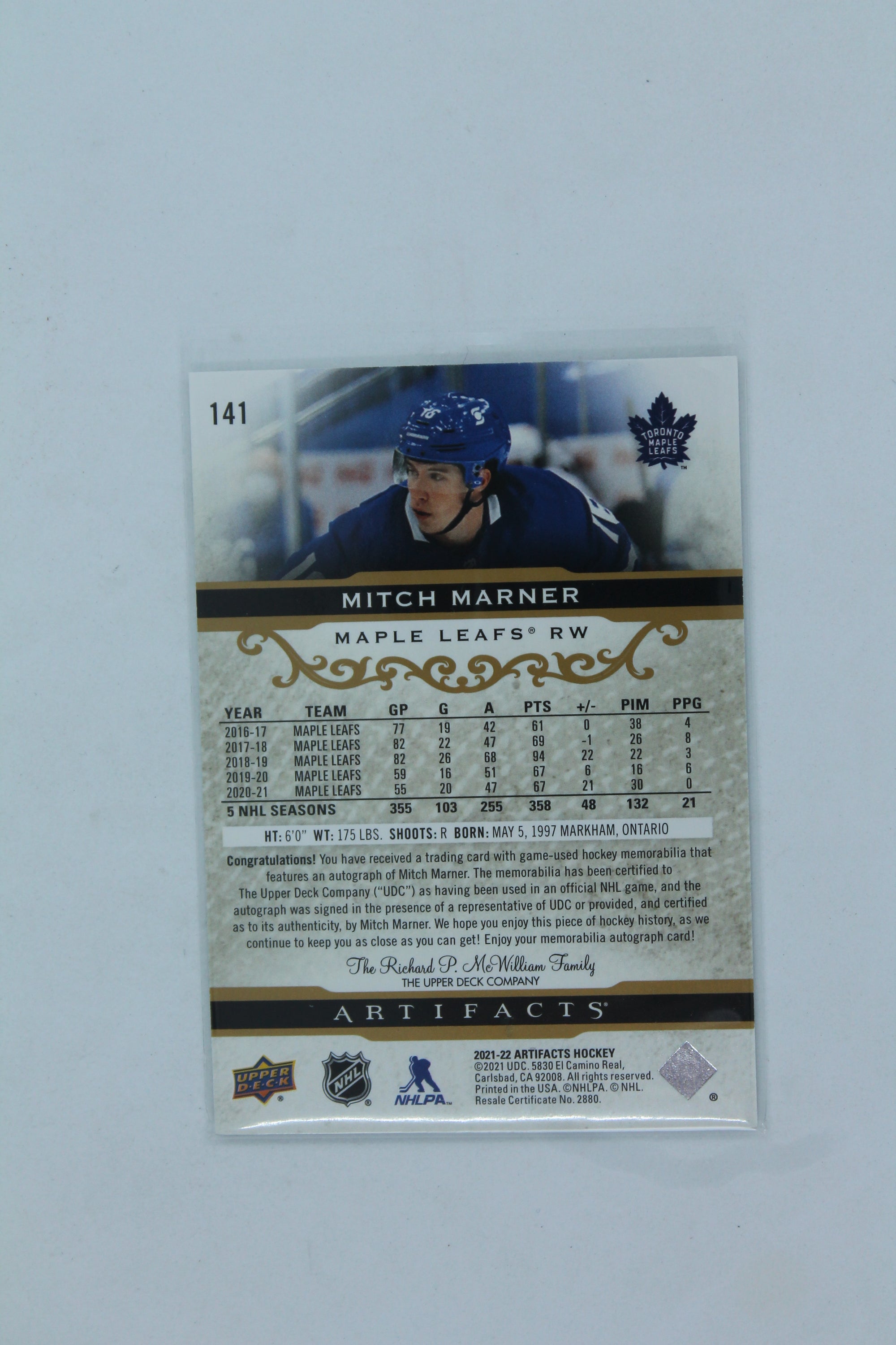 Mitch Marner 2021-22 Upper Deck Artifacts Gold Auto Materials  #41/45