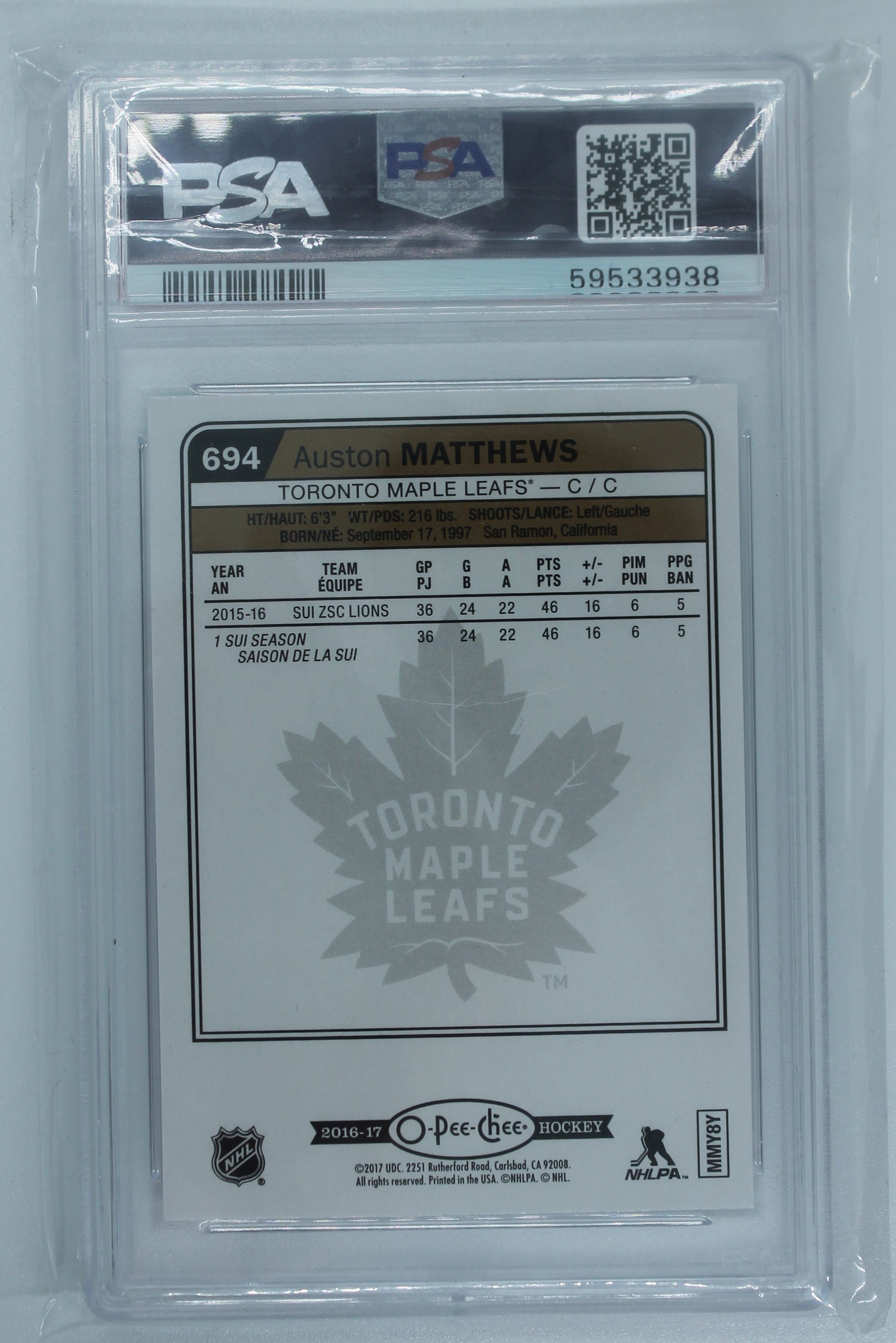 Auston Matthews 2016-17 O-Pee-Chee Update Rainbow Foil Rookie Card PSA 9