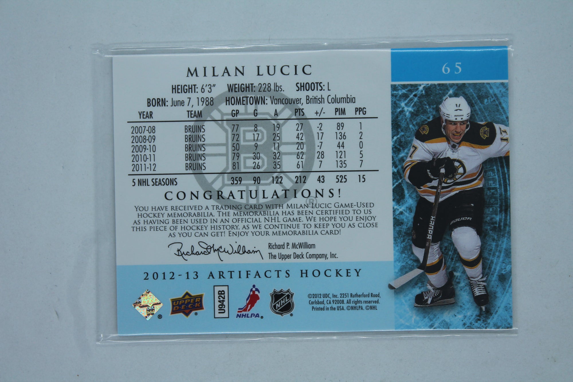 Milan Lucic 2012-13 Upper Deck Artifacts Jersey Card #091/125