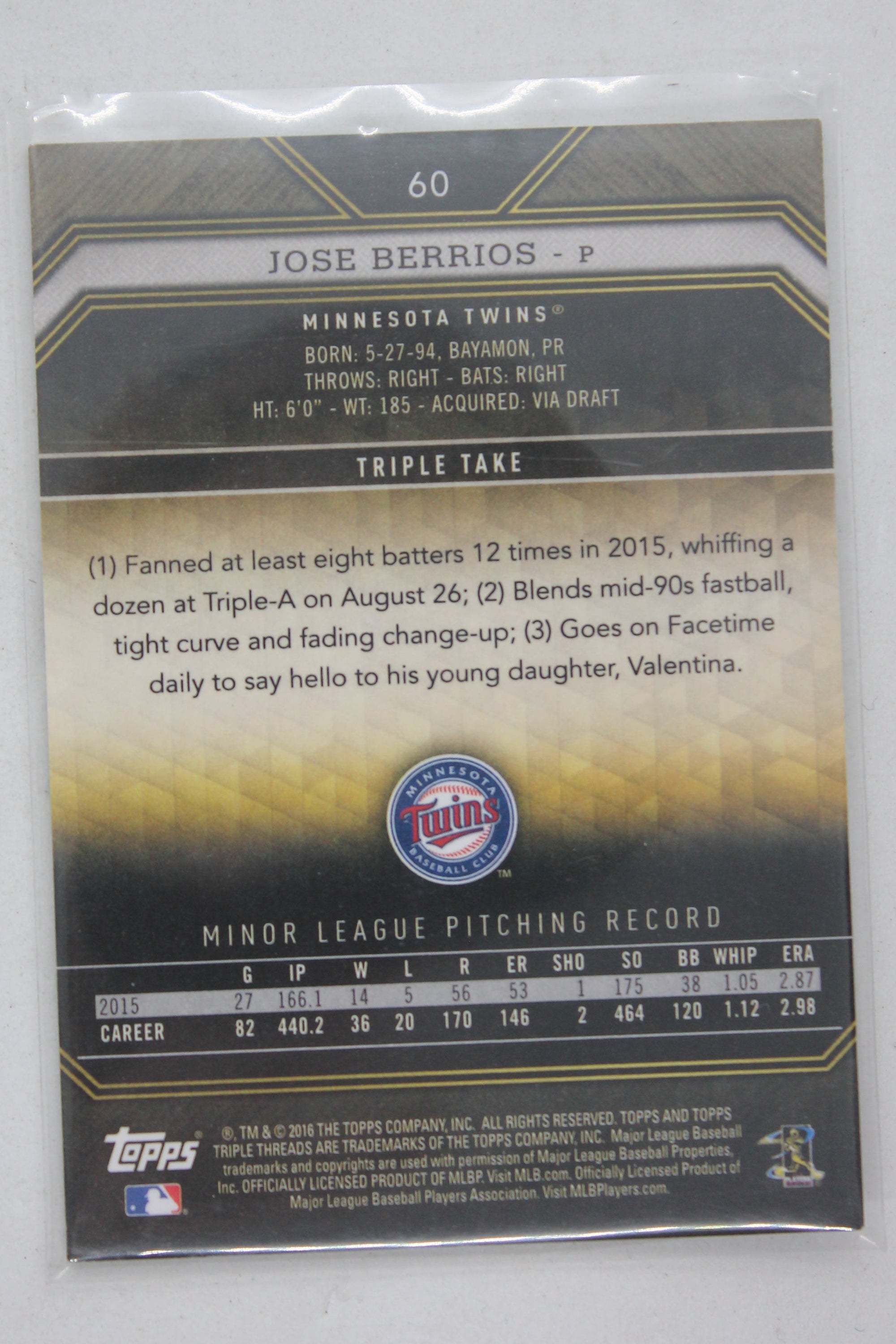 Jose Berrios 2016 Topps Triple Threads Onyx Rookie Card #05/50