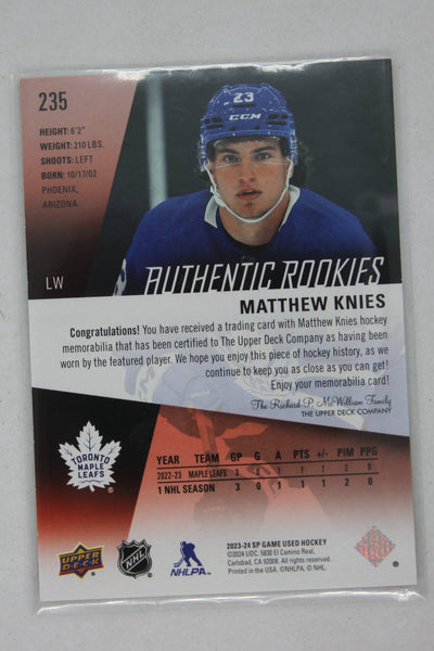 Matthew Knies 2023-24 Upper Deck SP Game-Used Jersey Rookie Card