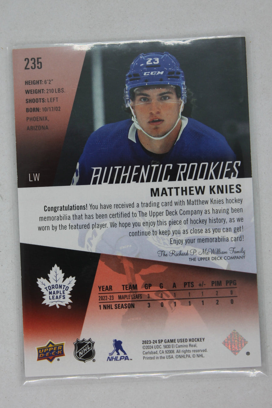 Matthew Knies 2023-24 Upper Deck SP Game-Used Jersey Rookie Card