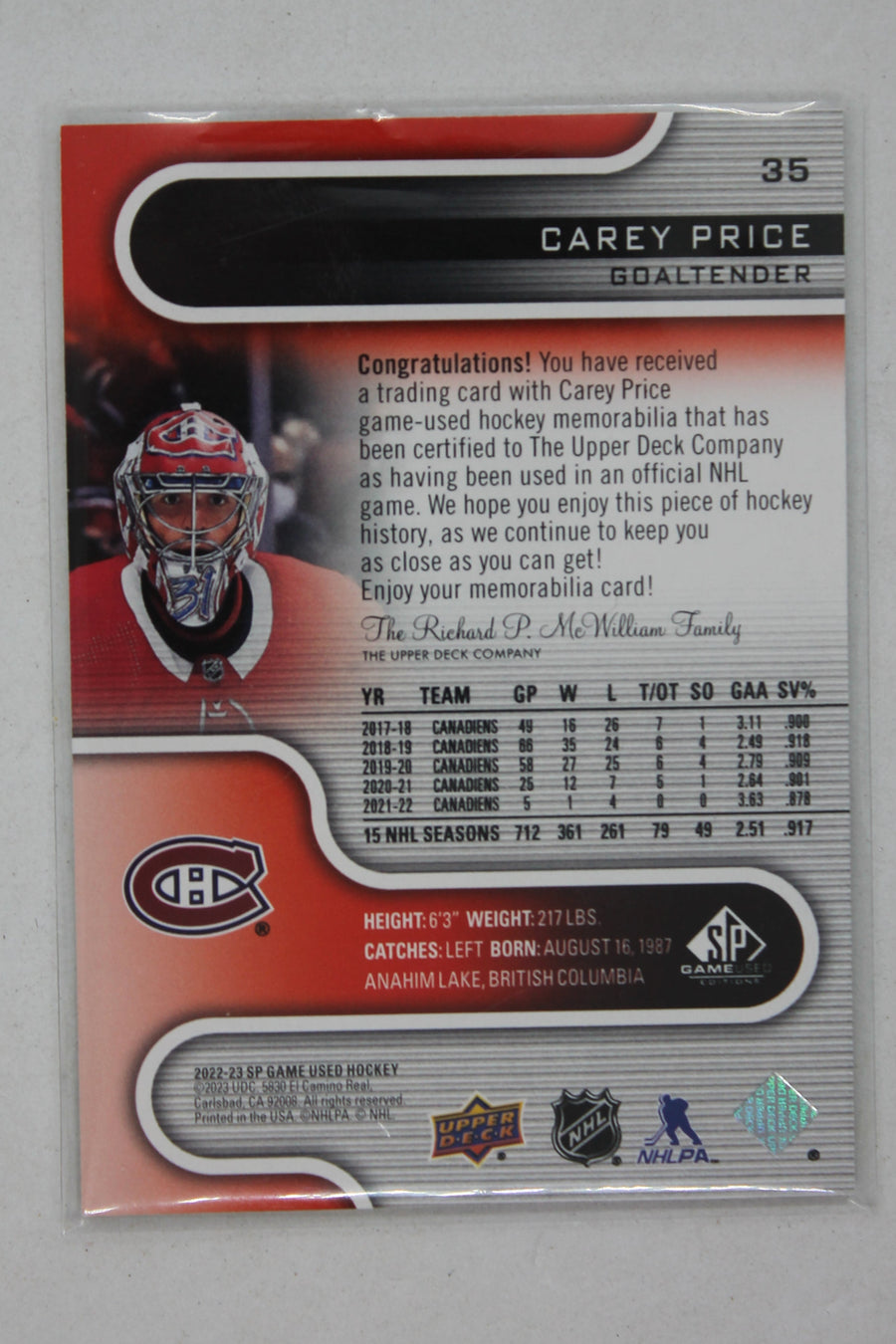 Carey Price 2022-23 Upper Deck SP Game Used - Red Jersey #35 Jersey Card