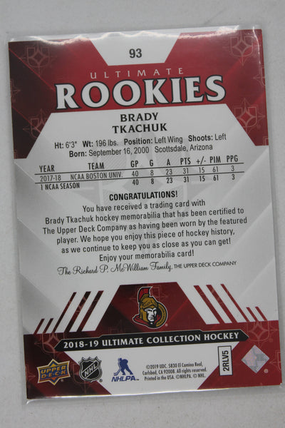 Brady Tkachuk 2018-19 Upper Deck Ultimate Collection - Ultimate Rookies - RC #324/399