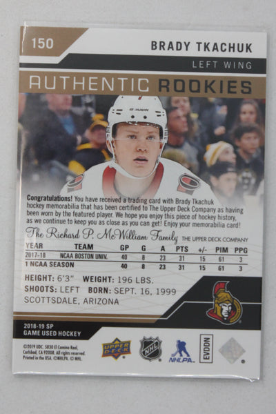 Brady Tkachuk 2018-19 Upper Deck SP Game Used - Gold Jersey - RC #33/499