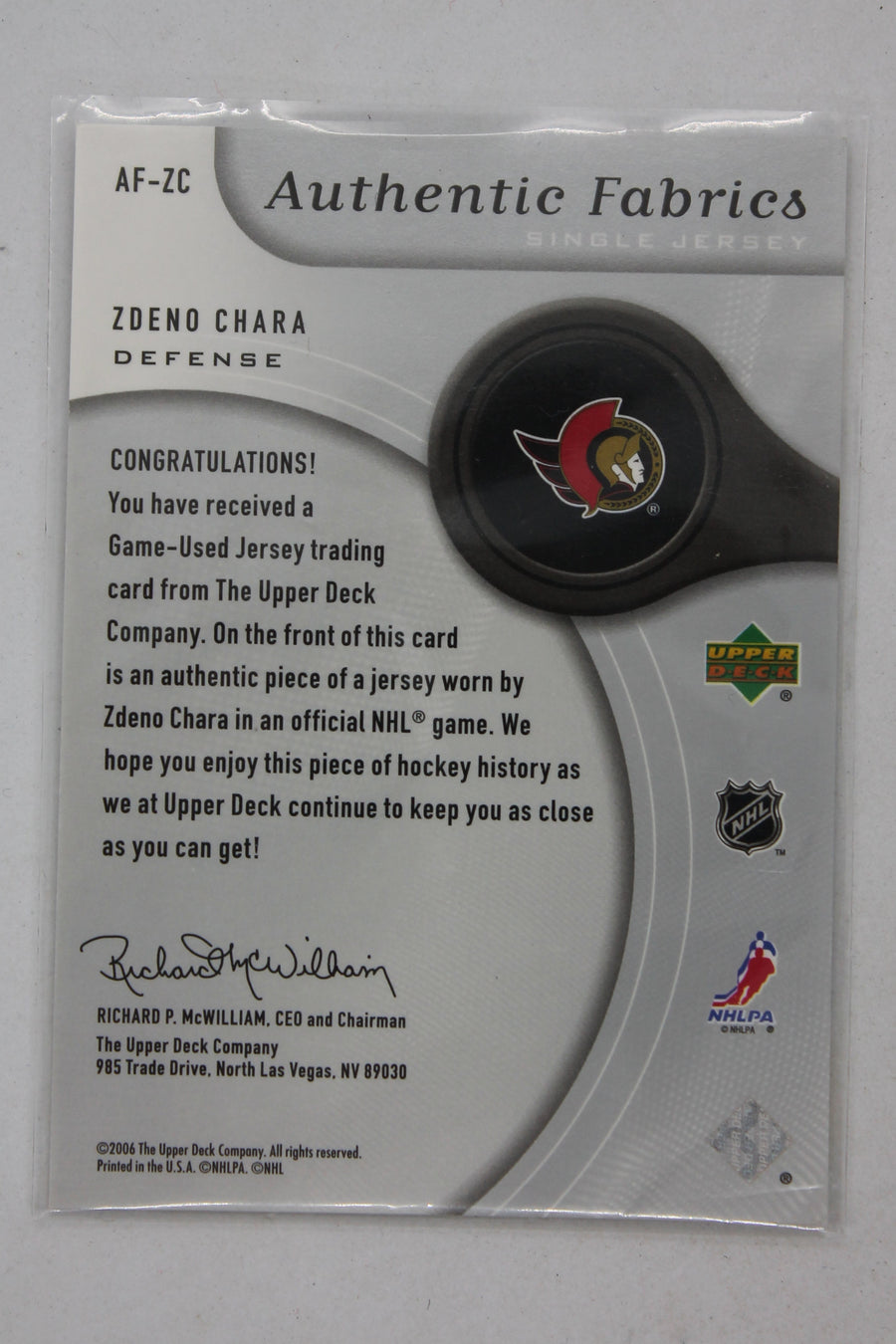 Zdeno Chara 2005-06 SP Game Used Edition - Authentic Fabrics #AF-ZC Jersey Card