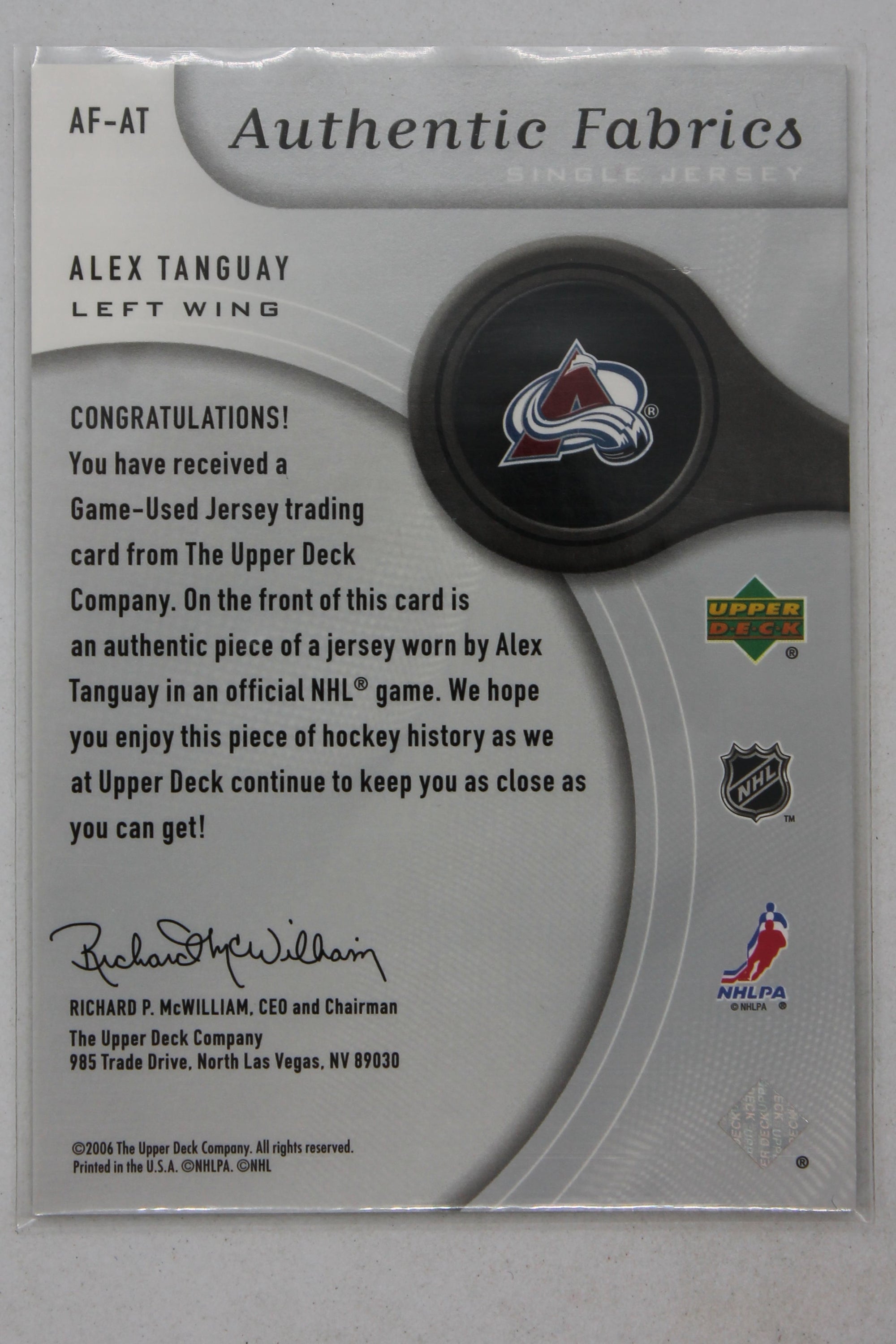 Alex Tanguay 2005-06 SP Game Used Edition - Authentic Fabrics #AF-AT Jersey Card