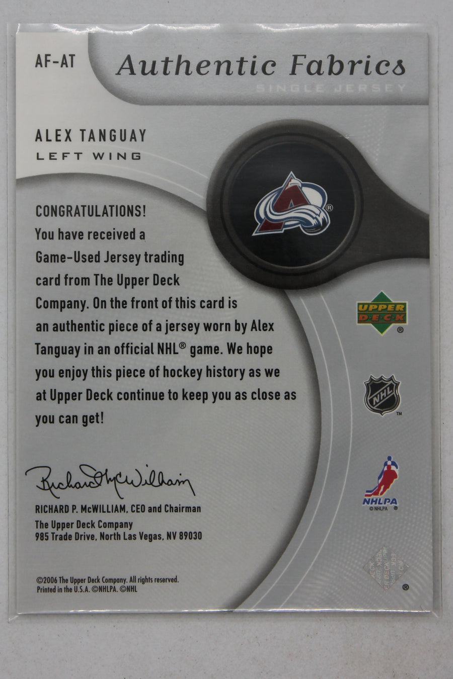Alex Tanguay 2005-06 SP Game Used Edition - Authentic Fabrics #AF-AT Jersey Card