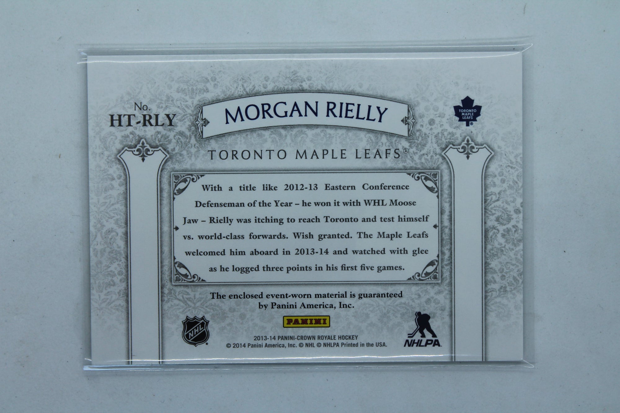 Morgan Rielly 2013-14 Panini Crown Royale - Heirs to the Throne Materials Jersey Card - Rookie Year