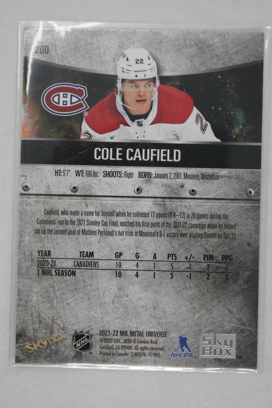 Cole Caufield 2021-22 Skybox Metal Universe Rookies Rookie Card