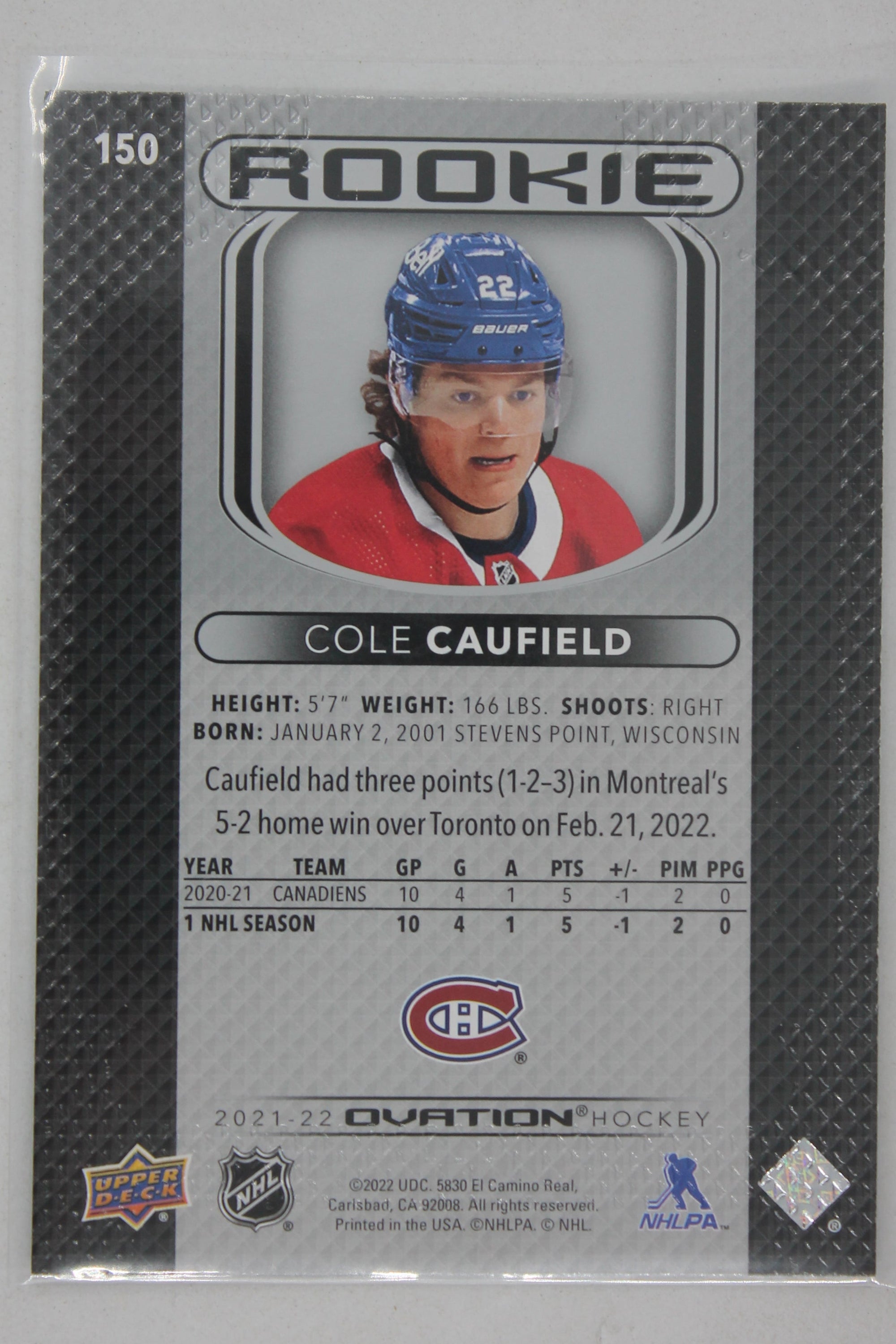 Cole Caufield 2021-22 Upper Deck Ovation Rookies Rookie Card