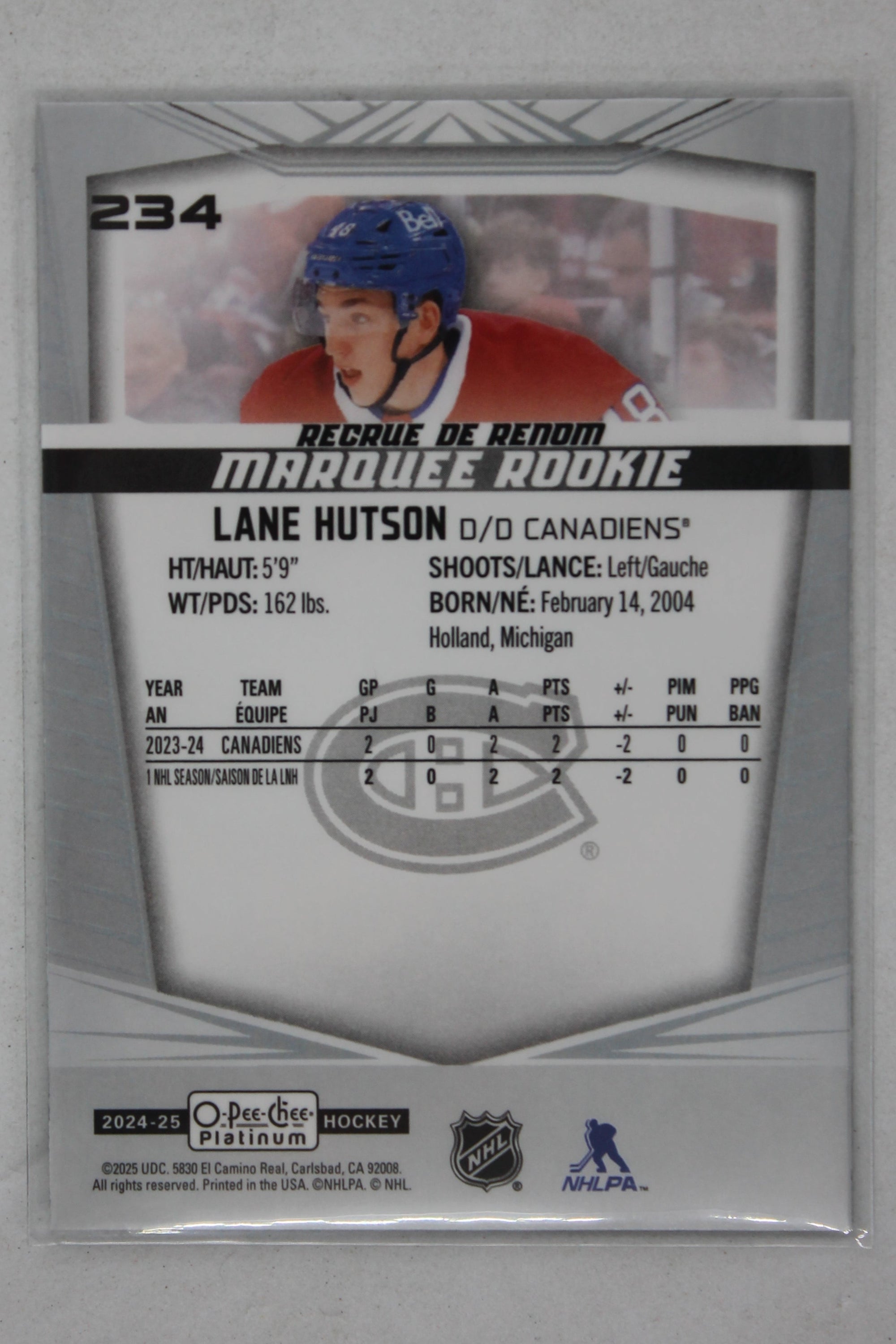 Lane Hutson 2024-25 O-Pee-Chee Platinum Rookie Card
