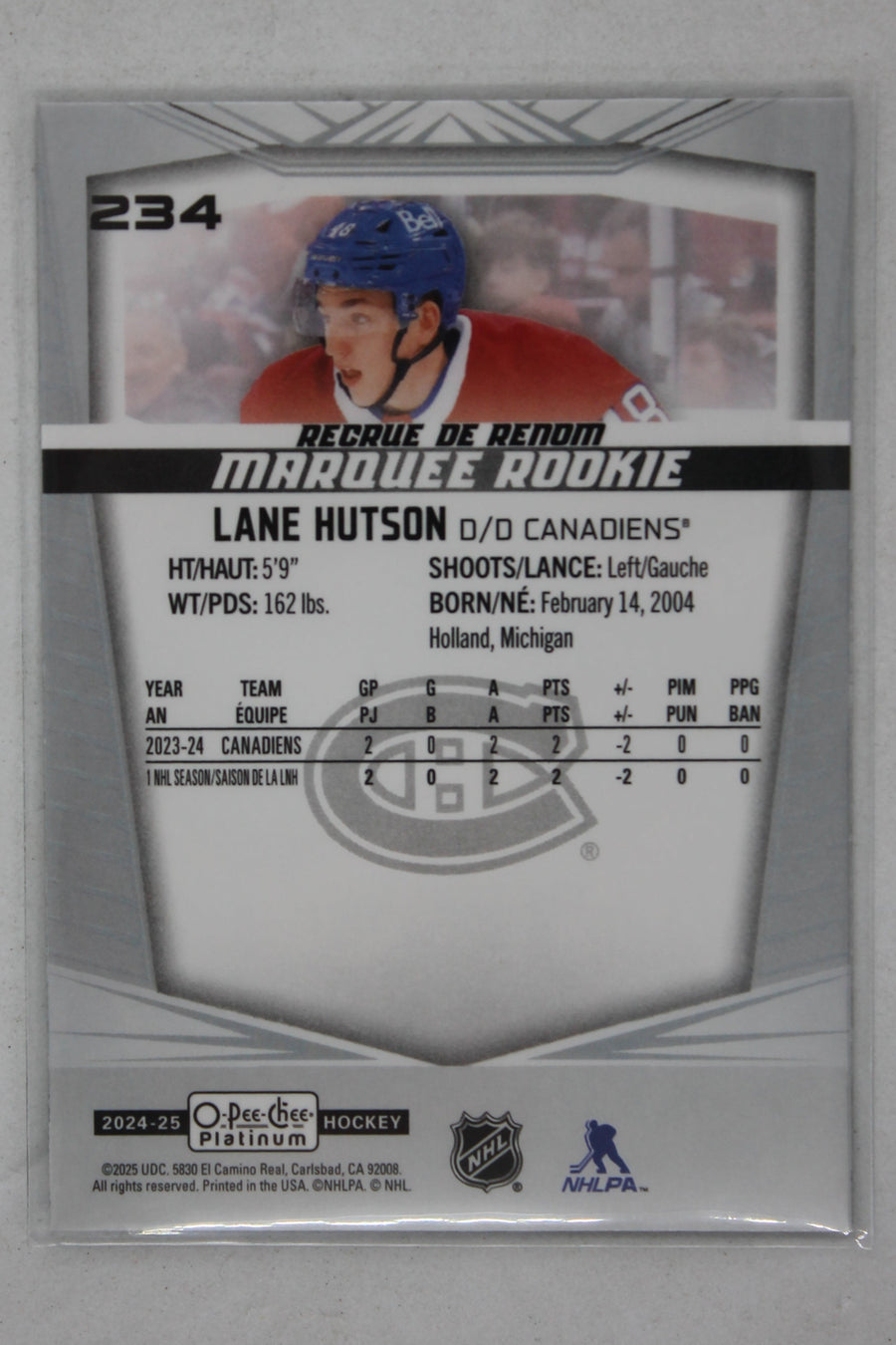 Lane Hutson 2024-25 O-Pee-Chee Platinum Rookie Card