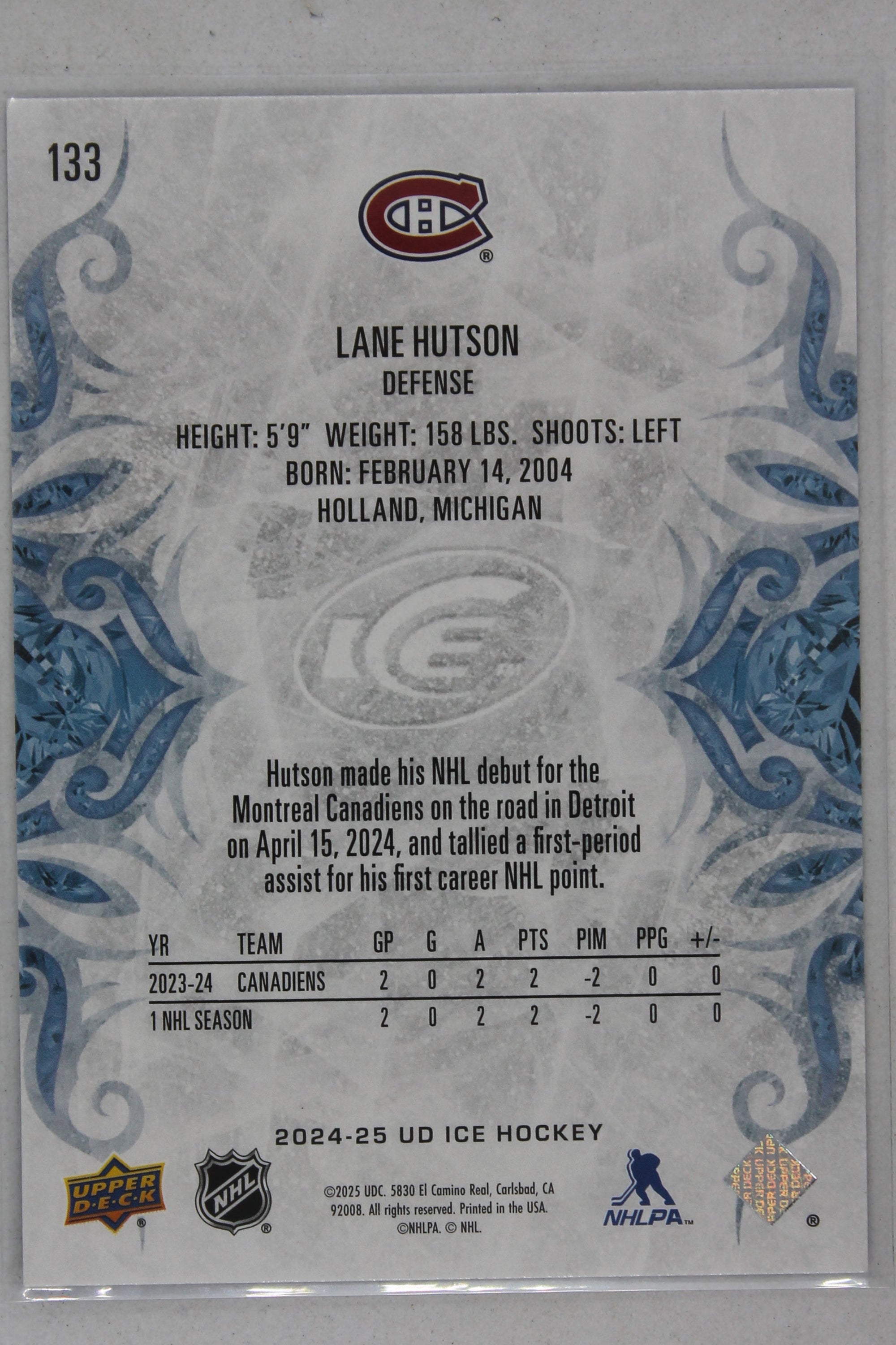 Lane Hutson 2024-25 Upper Deck Ice Rookies Rookie Card