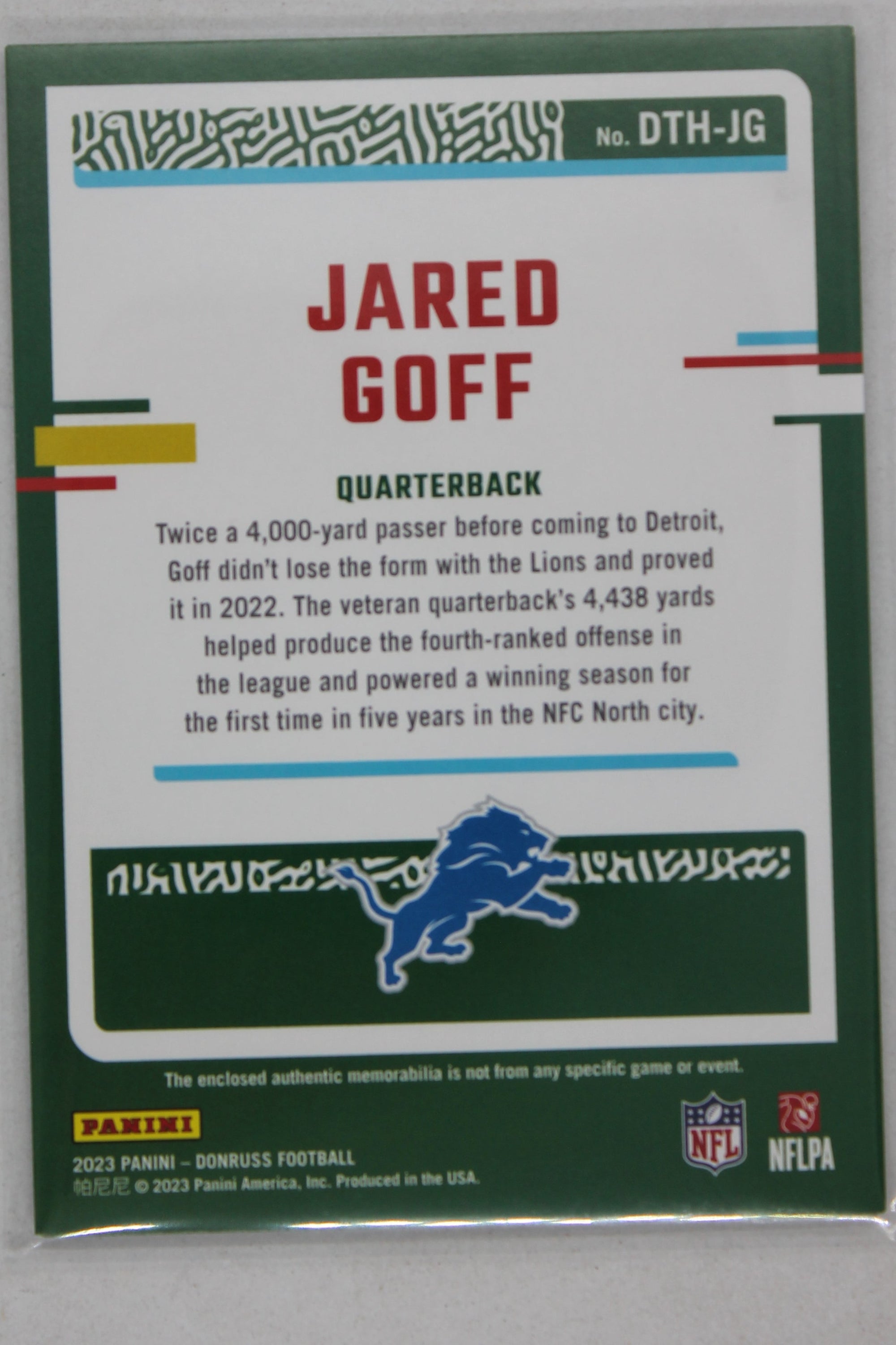 Jared Goff 2023 Panini Donruss - Donruss Threads - #DTH-JG Jersey Card