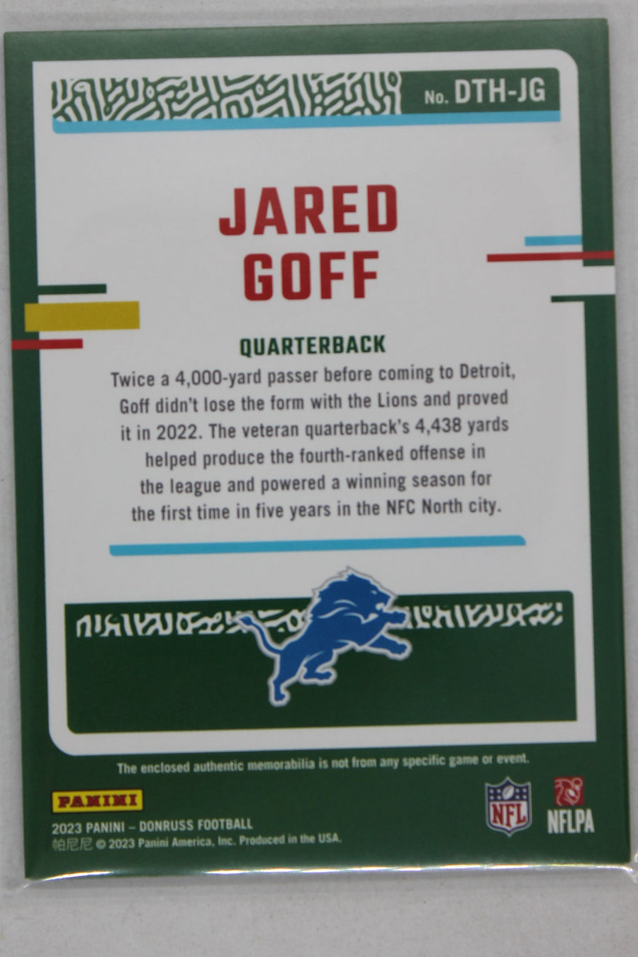 Jared Goff 2023 Panini Donruss - Donruss Threads - #DTH-JG Jersey Card