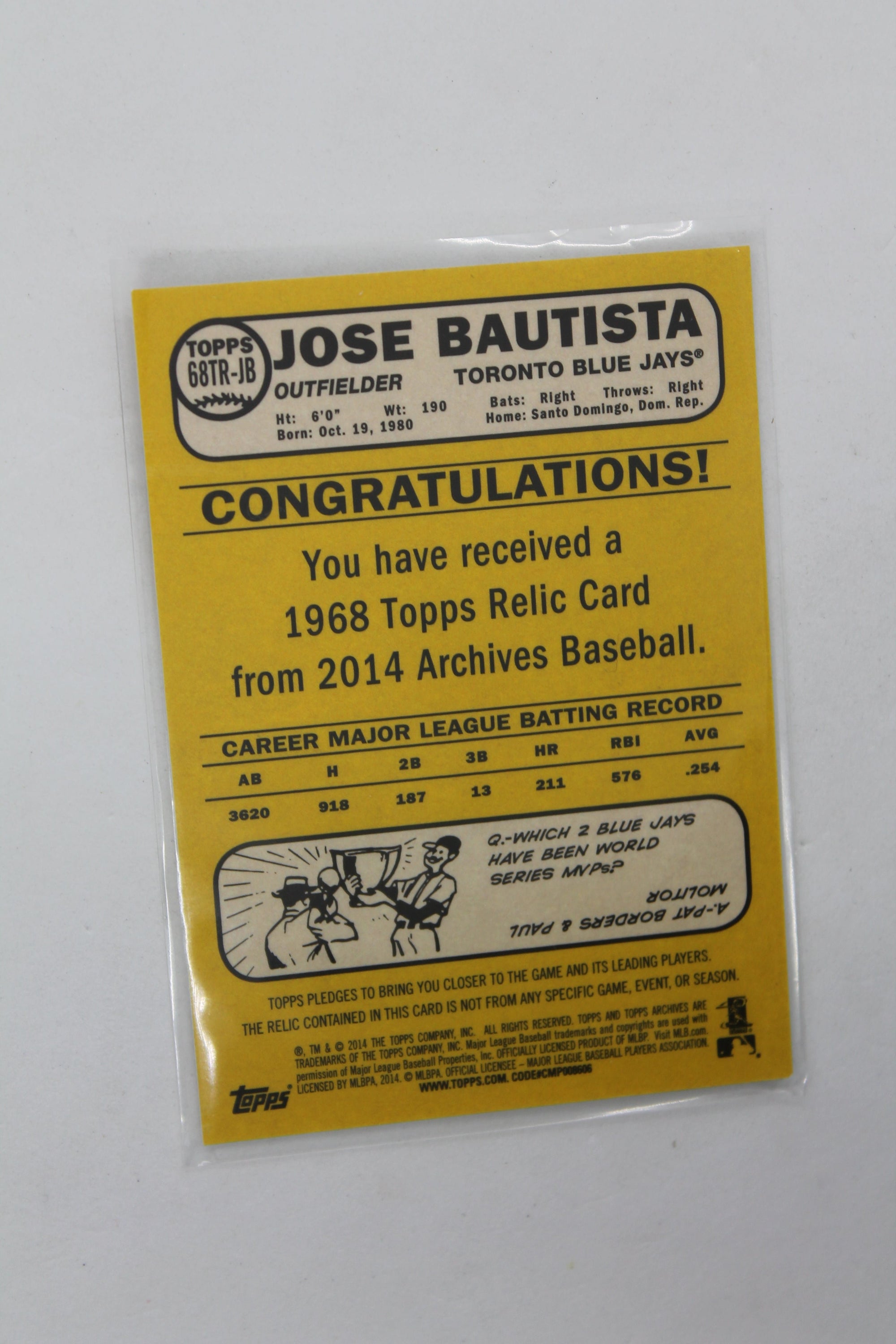 Jose Bautista 2014 Topps Archives - 1968 Topps Relic #68TR-JB Bat Card