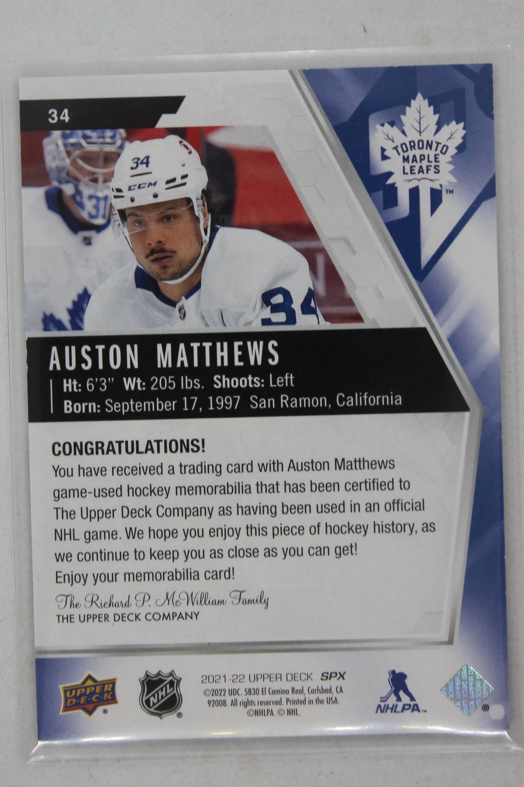 Auston Matthews 2021-22 SPX Jersey Card