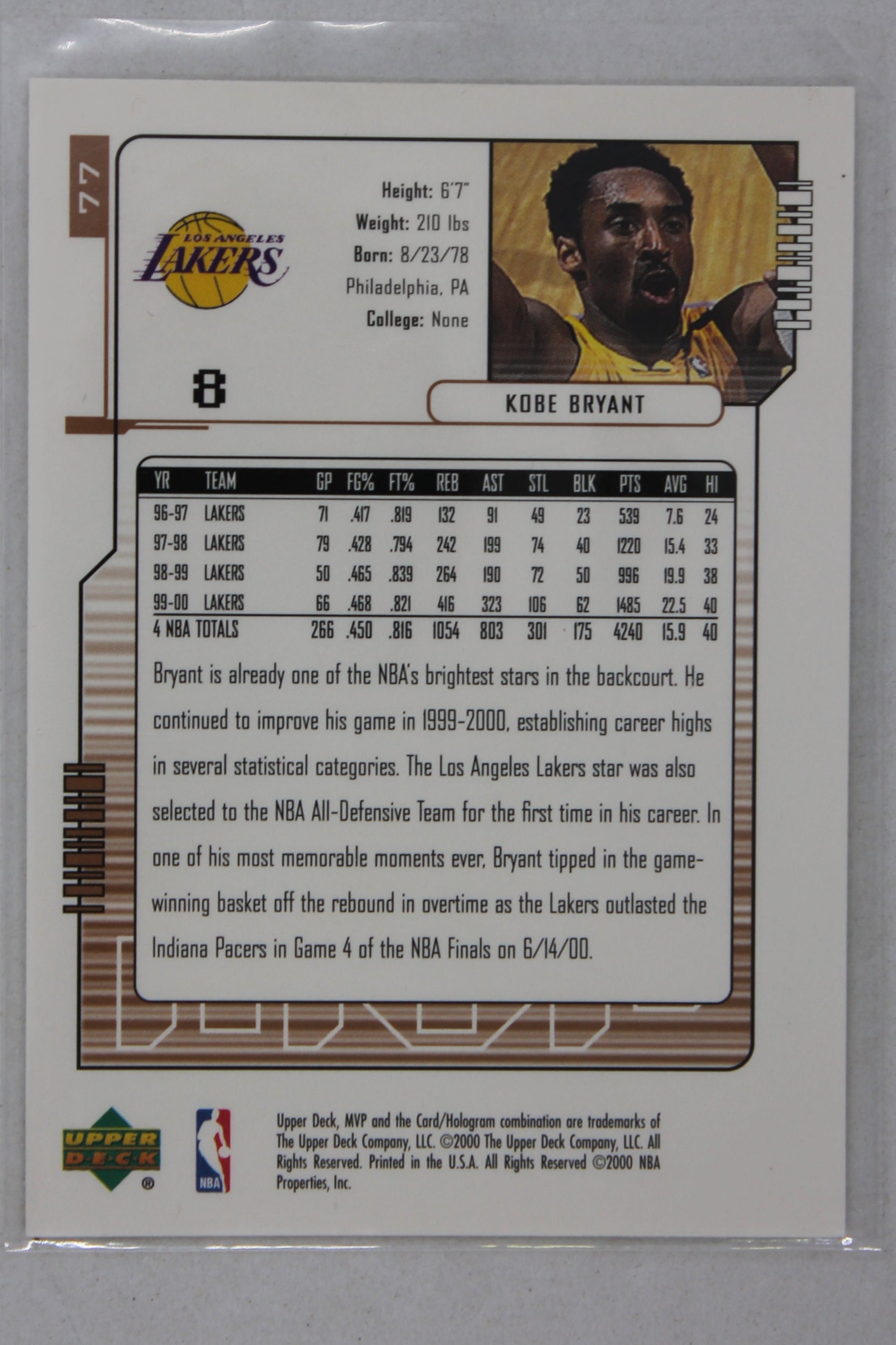 Kobe Bryant 2000-01 Upper Deck MVP Card