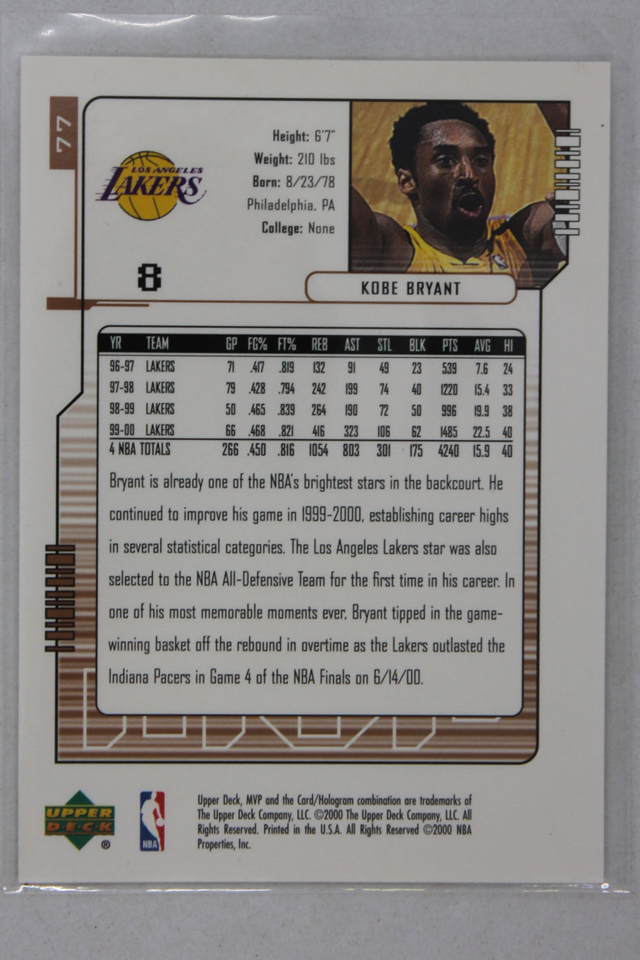 Kobe Bryant 2000-01 Upper Deck MVP Card