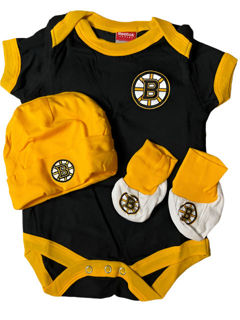 NHL Boston Bruins 4 piece Newborn Set (2 Creepers, booties and cap)