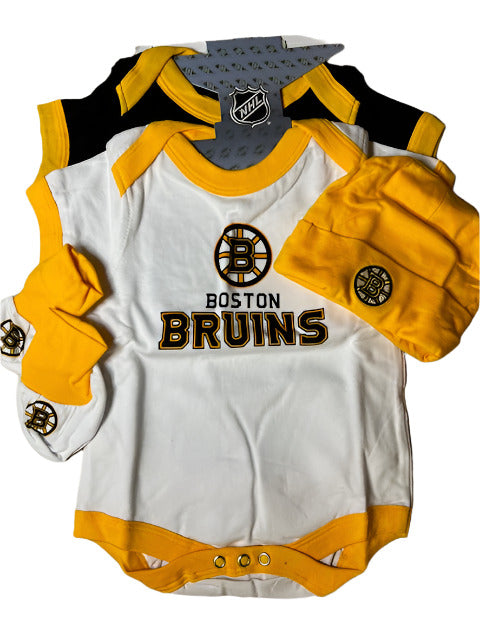 NHL Boston Bruins 4 piece Newborn Set (2 Creepers, booties and cap)