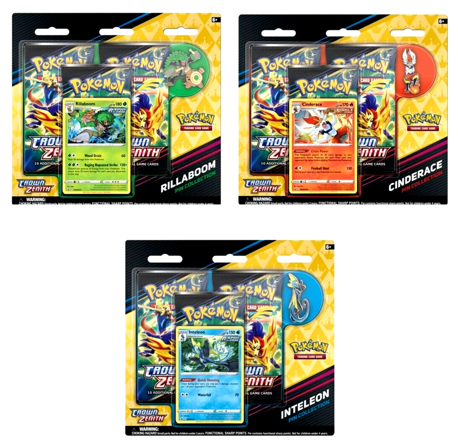 Pokemon Crown Zenith Pin Collection with 3 booster packs (Rillaboom or Inteleon or Cinderace)