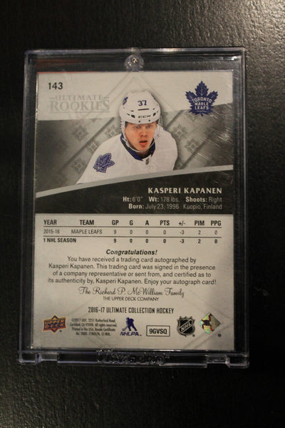 Kasperi Kapanen 2016-17 Ultimate Collection Rookie Card Autograph Tier 1 -  #016/299