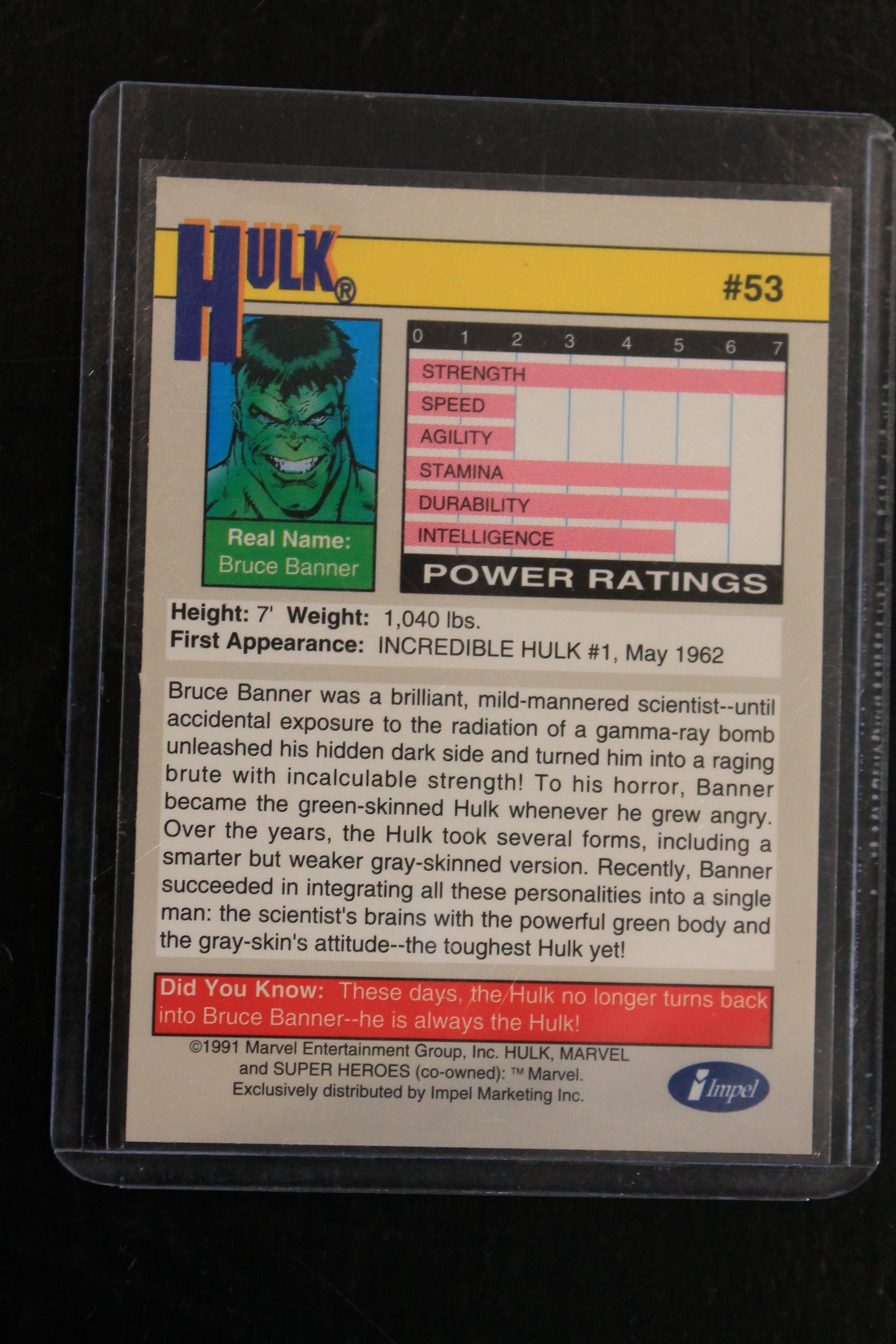 Hulk 1991 Marvel Universe Series 2 (Impel) BASE Trading Card #53