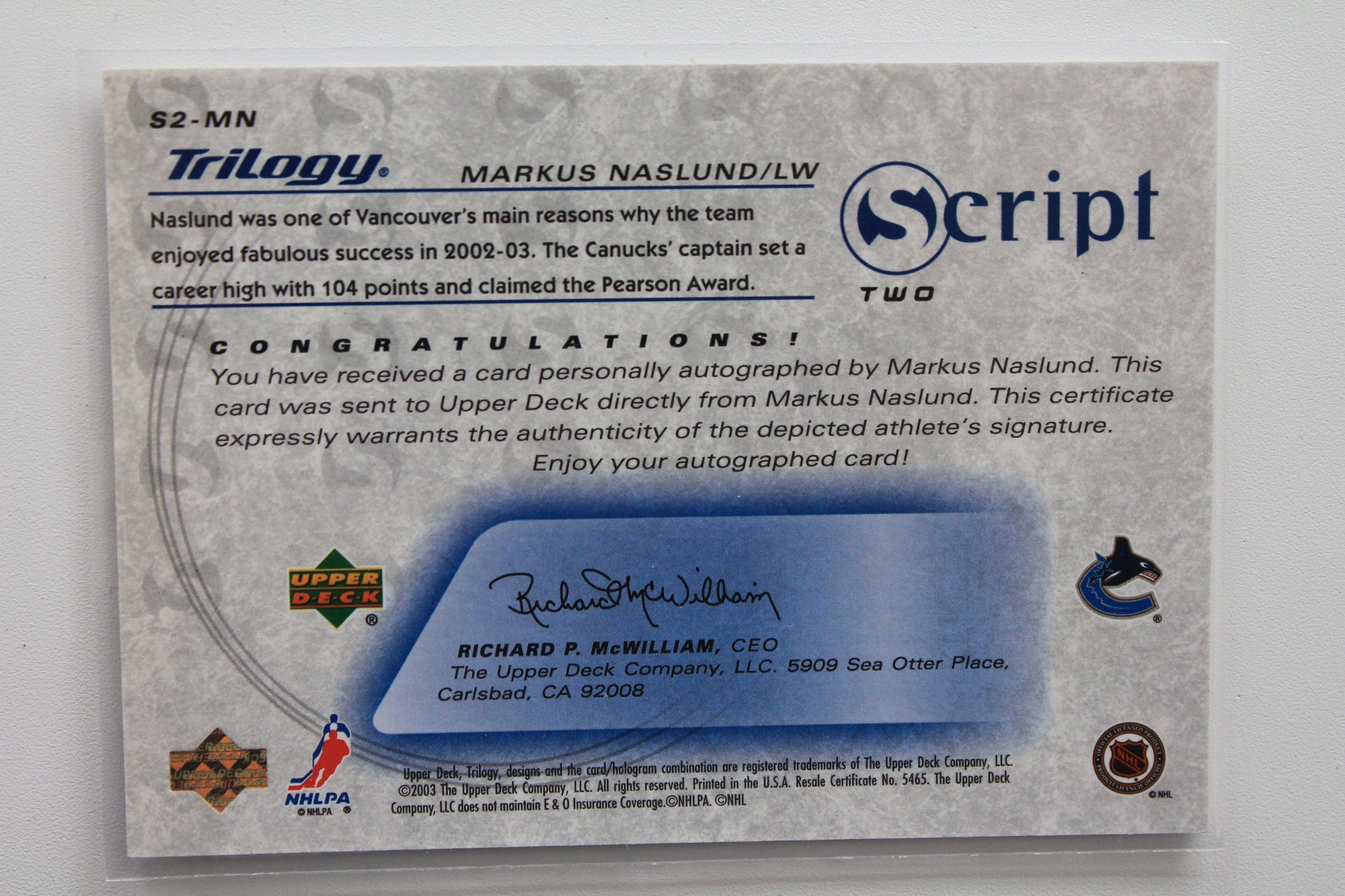 Markus Naslund 2003-04 Upper Deck Trilogy Autograph