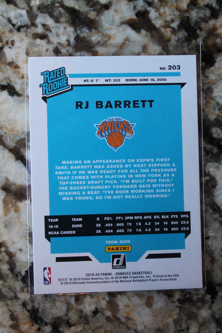 RJ Barrett 2019-20 Panini Donruss Rated Rookie Card