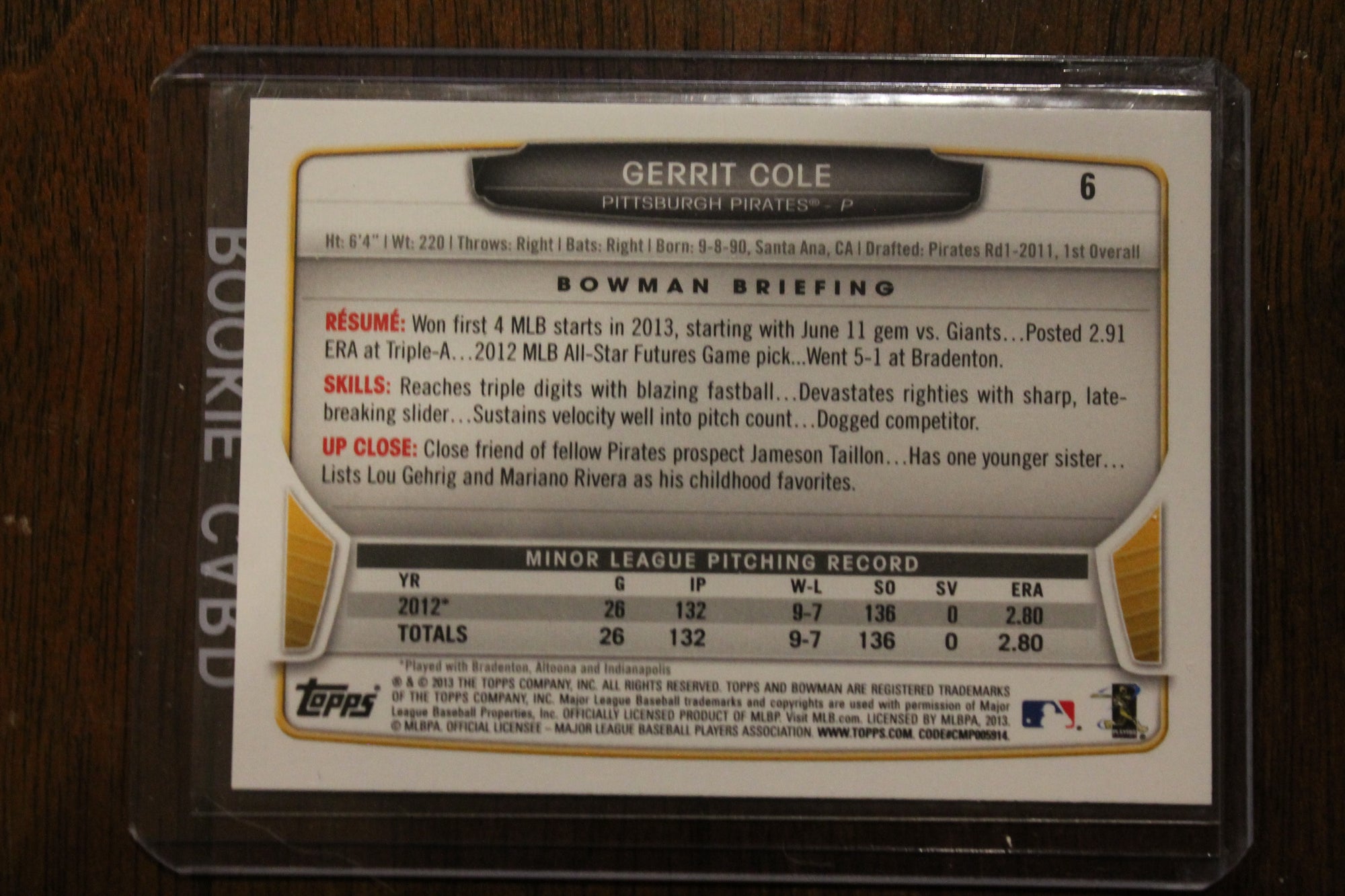 Gerrit Cole 2013 Bowman Draft Picks & Prospects Rookie Card