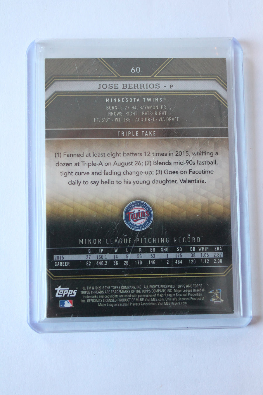 Jose Berrios 2016 Topps Triple Threads Onyx Rookie Card #33/50