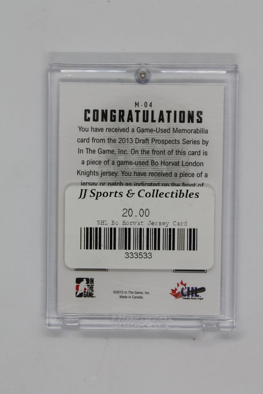 Bo Horvat 2013 In the Game Draft Prospects - Game-Used Jersey #M-04 PRC Card