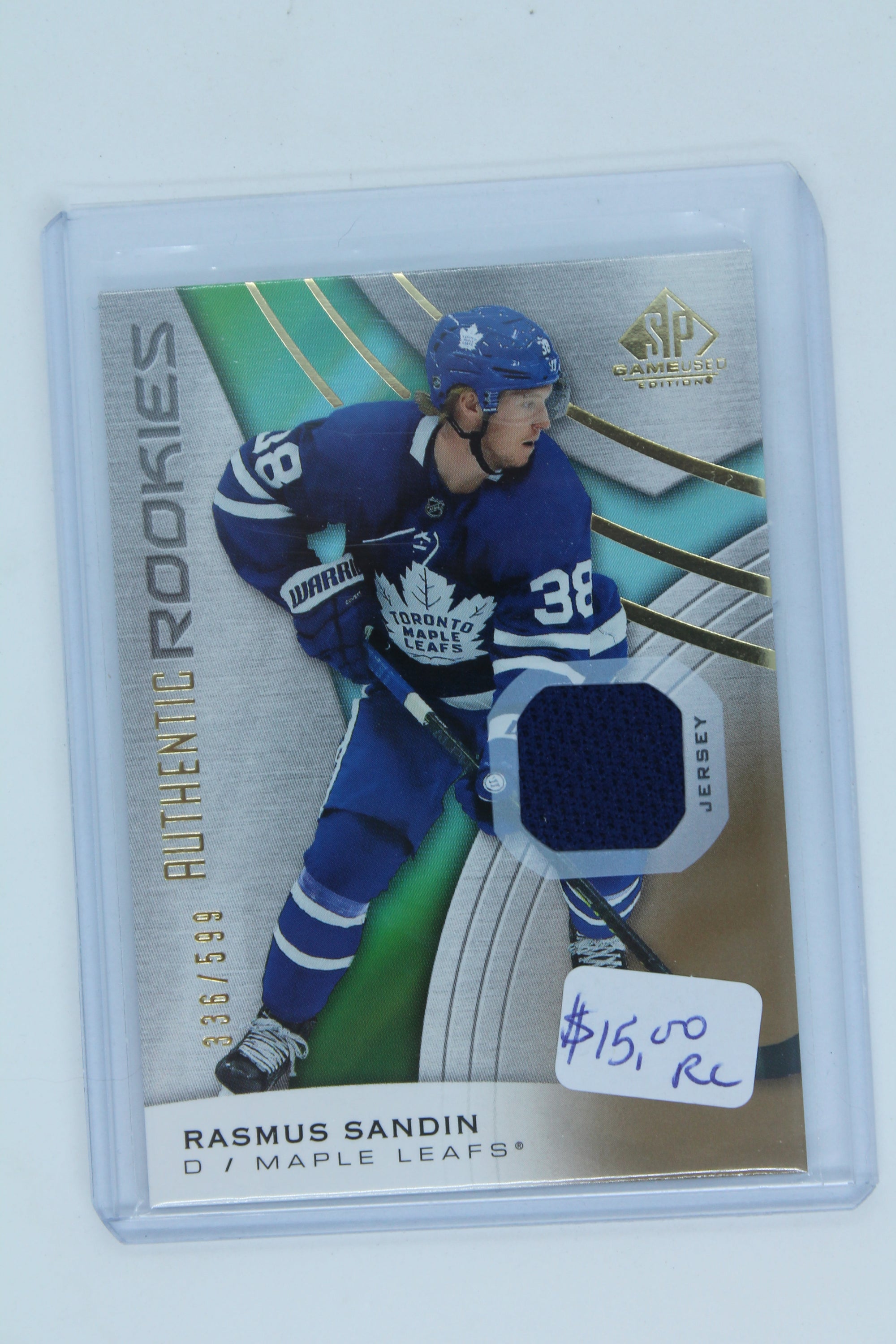 Rasmus Sandin 2019-20 Upper Deck SP Game-Used Gold Jersey Rookie Card #336/599