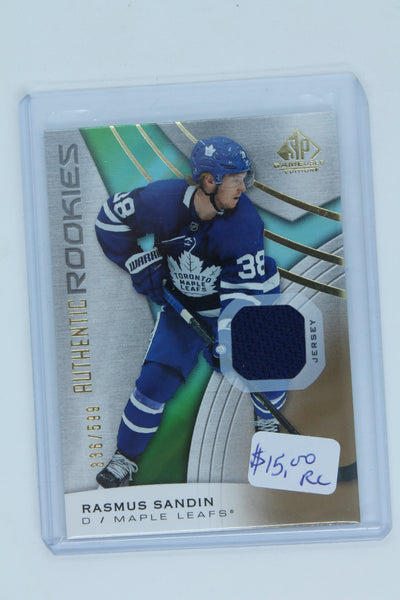 Rasmus Sandin 2019-20 Upper Deck SP Game-Used Gold Jersey Rookie Card #336/599