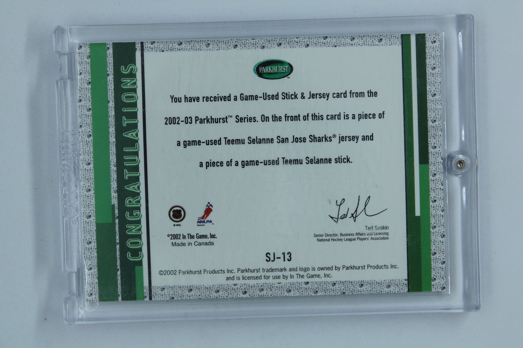 Teemu Selanne 2002-03 Parkhurst Stick and Jerseys #SJ13