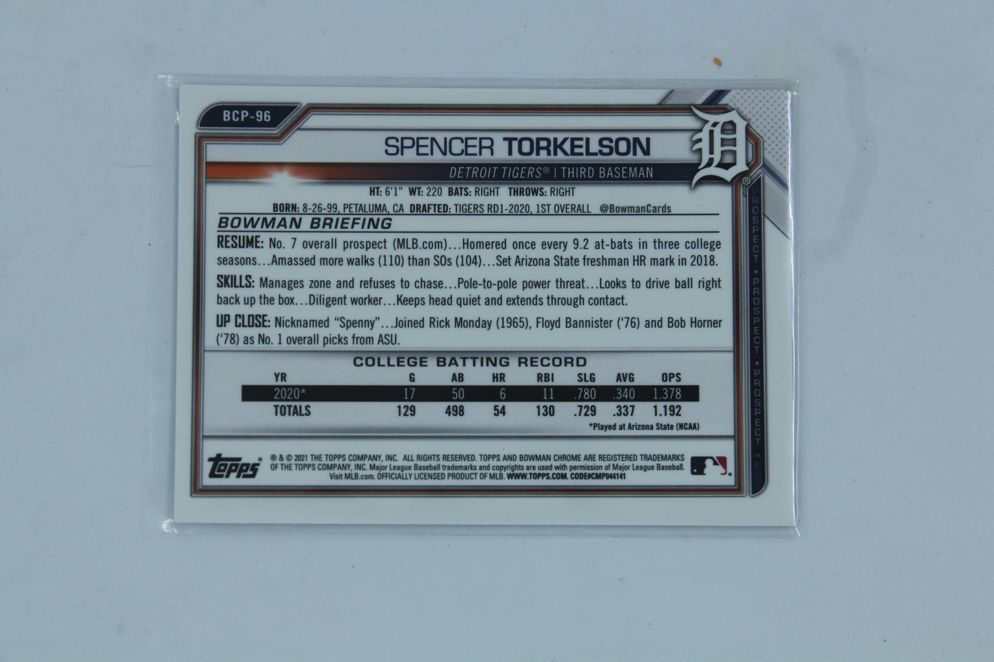 Spencer Torkelson  2021 Bowman - Chrome Prospects #BCP-96 PRC