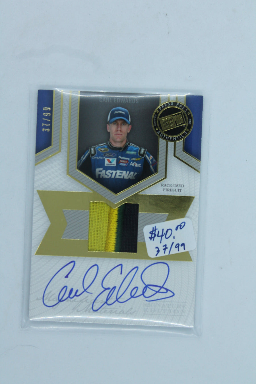 Carl Edwards 2013 Press Pass Fanfare - Magnificent Materials Single Swatch Signature Edition - Gold #MMSE-CE #37/99