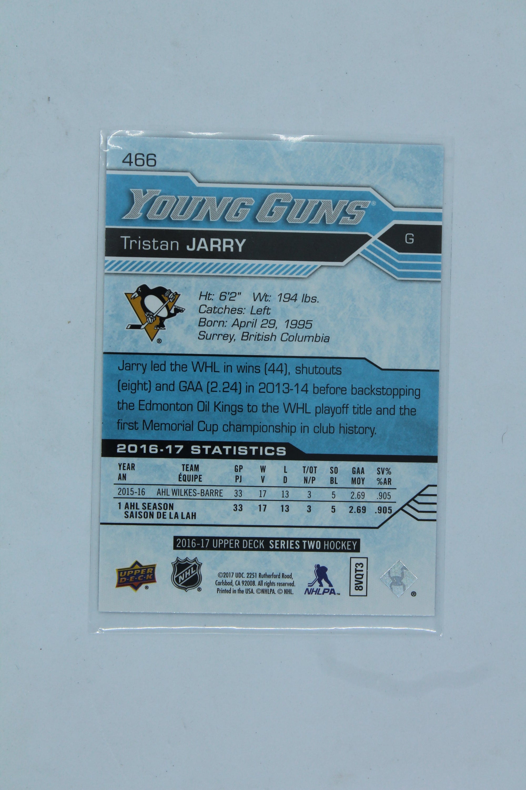 Tristan Jarry 2016-17 Upper Deck Young Guns Rookie Card