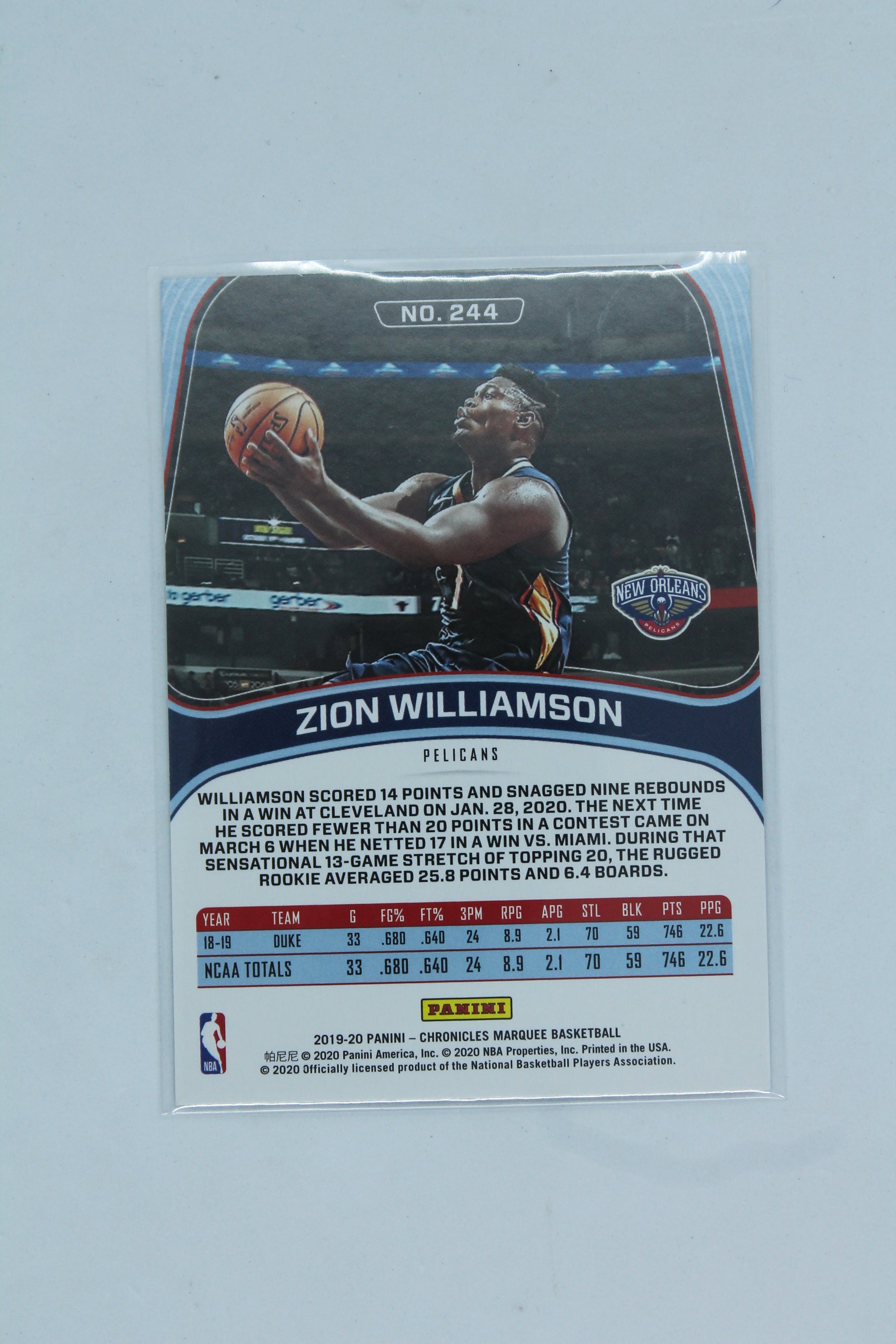 Zion Williamson 2019-20 Panini Chronicles - Marquee Rookie Card