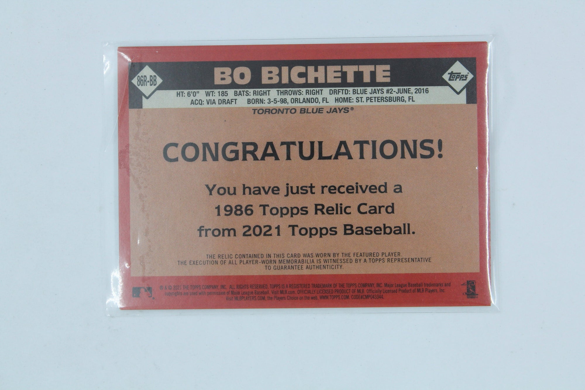 Bo Bichette 2021 Topps - 1986 Topps Baseball Relics #86R-BB Jersey Card